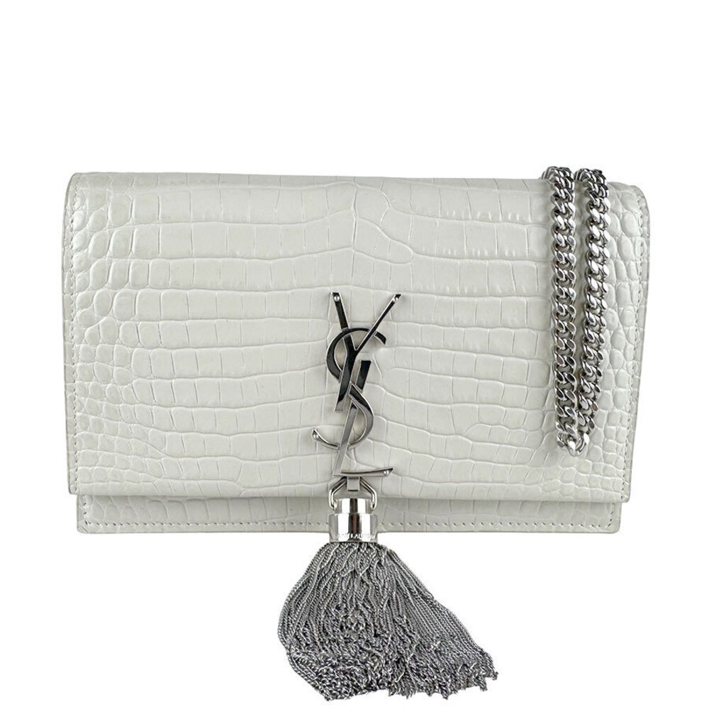 Saint Laurent chain wallet Kate embossed leather Ivory White silver
